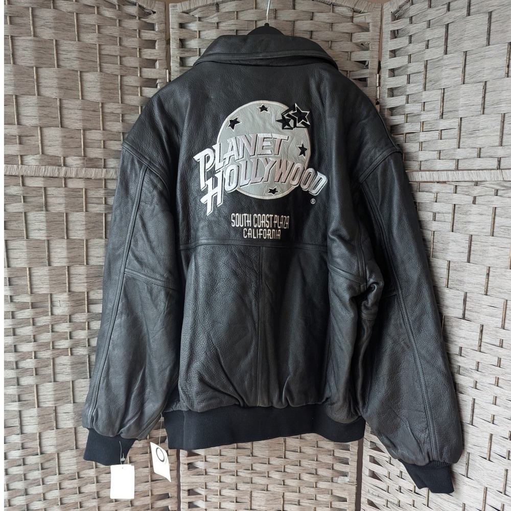 Vtg 90s Planet Hollywood Bomber Jacket Black Leather South Coast California 2XL
